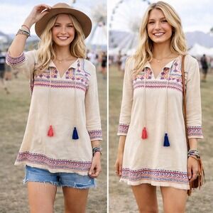 THML Embroidered Tunic Top Boho Hippie Artisan Tassels Cream Women's Small